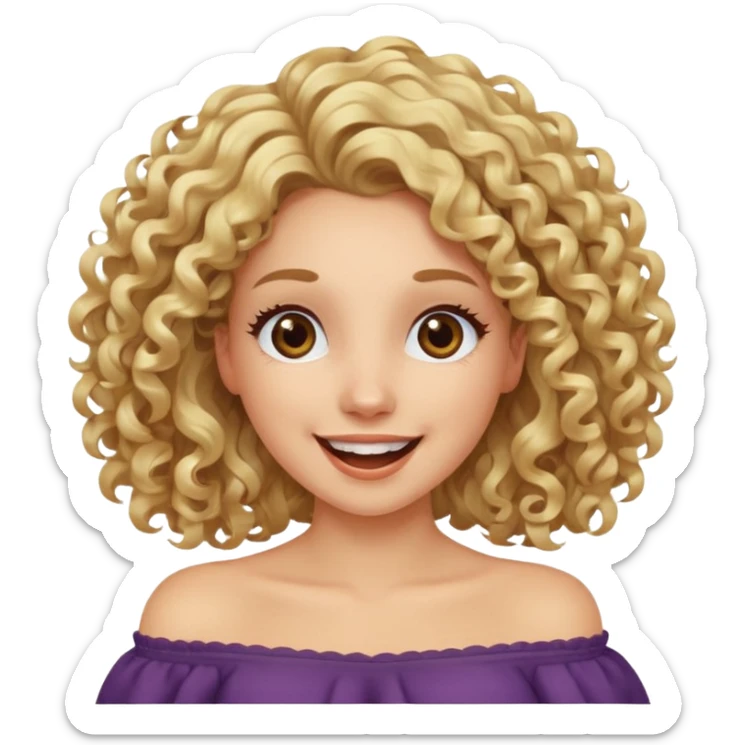 happy excited woman with curly long blond hair, brown eyes, wearing an off-shoulder top,  sticker