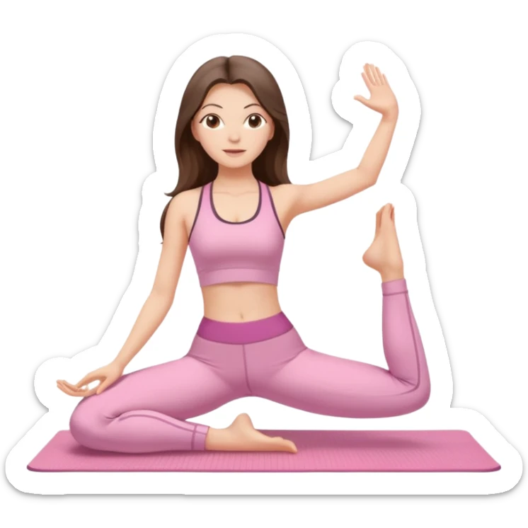 white brunette girl long hair with hazel eyes in light pink workout clothes stretching on a yoga mat sticker