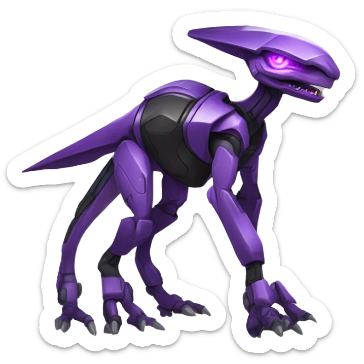 a black-purple Genesect-Raptor-Fakémon—hybrid with a futuristic visor-helmet full body sticker