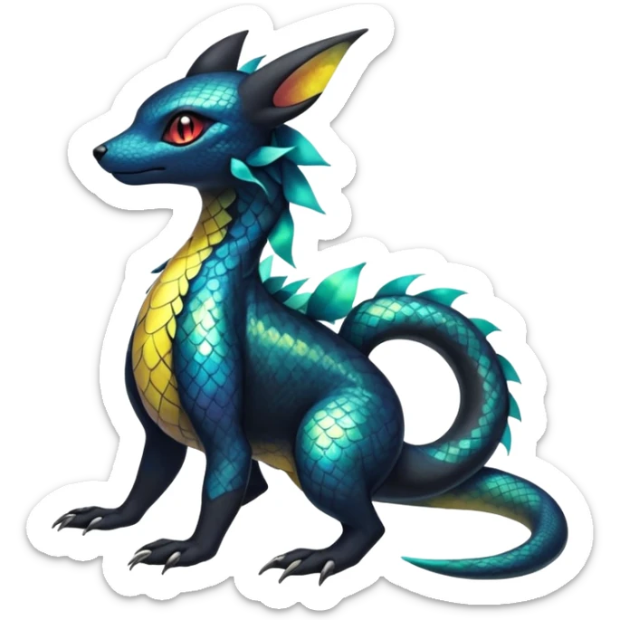 Colorful Iridescent Exotic Salandit-Aurorus-Umbreon-Fakémon-hybrid-creature (full body)  sticker