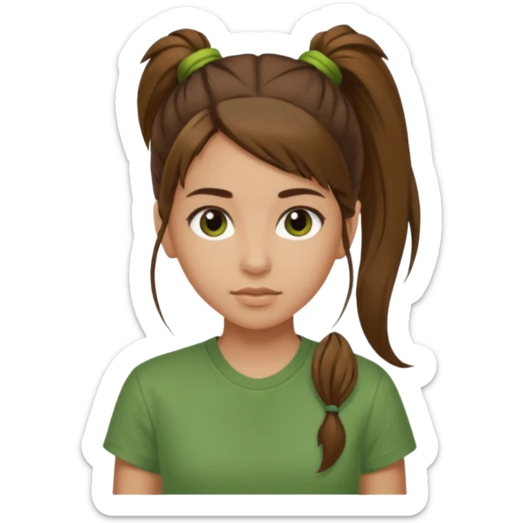 Make a zumba coach emoji, brown eyes, brown hair girl, green shirt with the "the roots" on it, longer pony tail hair sticker