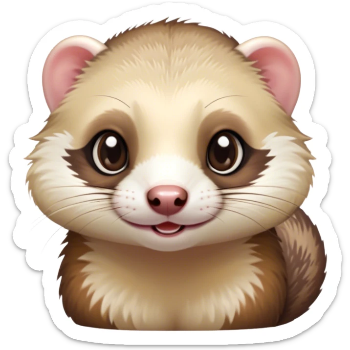 Cinematic Cute Ferret Portrait Emoji, Head tilted playfully, with an elongated, flexible body and a characteristically curious expression, featuring a short, pointed snout, bright, sparkling eyes, and soft fur in warm brown and cream tones, Simplified yet irresistibly adorable features, highly detailed, glowing with a warm, friendly glow, high shine, affectionate and lively, stylized with a touch of whimsical mischief, soft glowing outline, capturing the essence of a fun-loving and mischievous ferret that feels like it could scamper straight into your heart! sticker