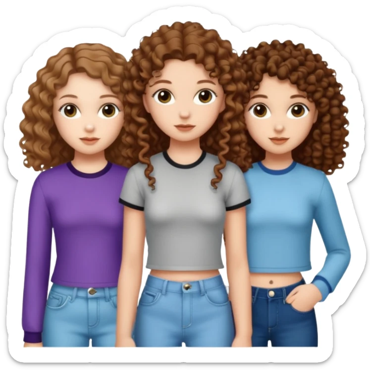 3 white girls, all of off this with brown hair but one whit straight one whit curly and one whit very curly(aesthetic)and chic clothes y2k, this girl have around 14 years sticker