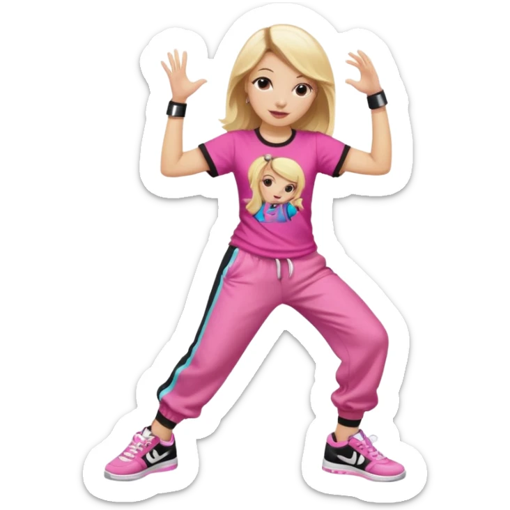 Hiphop dancer, with cute big pants, sneakers, and t-shirt. White girl blond. Coloufull shirt. No pocket pants. Dancing. No orange. Pink and black. No sweatband on the wrist, music box behind her sticker