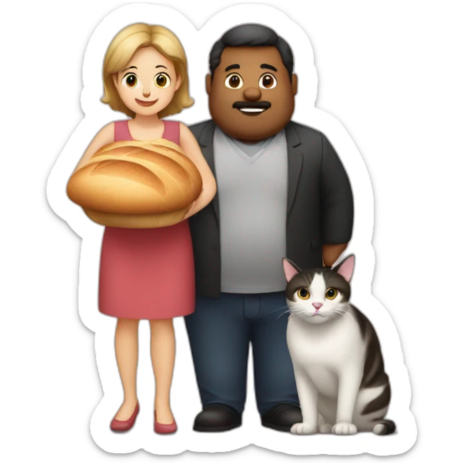 Family photo a fat husband with bread and a woman and them two cats one white and second is black sticker
