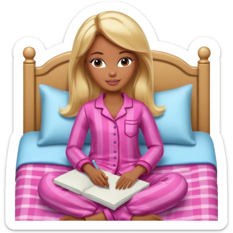 Brown skin blonde hair Barbie in pajamas in bed sticker