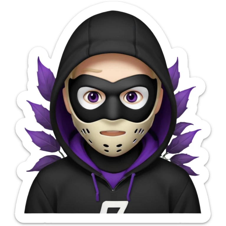 non human male cartoon character related to a shadow, with all black clothes, focusing a black hoodie, and a black hockey face mask covering his entire face, just his purple shadow eyes making a light bloom, no background sticker