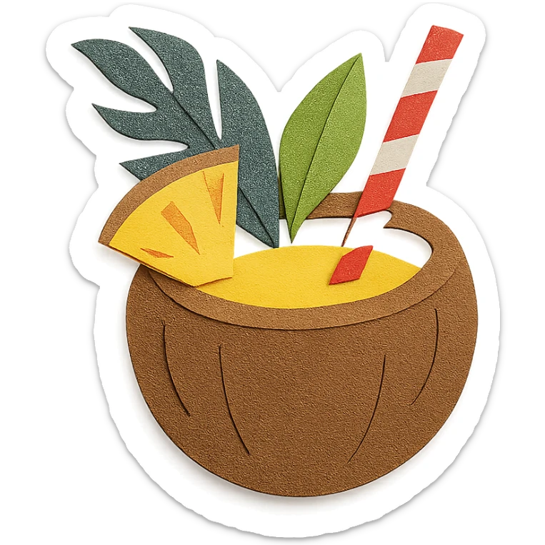 pina colada in a coconut shell with a straw and tropical leaves in paper-craft style sticker