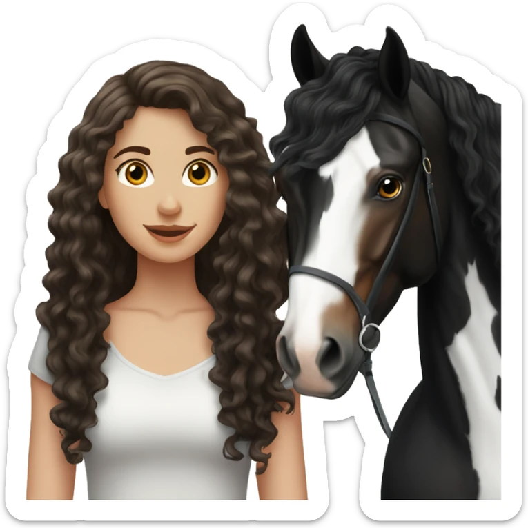White girl, long brunette  curly hair, next to a black spanish horse sticker