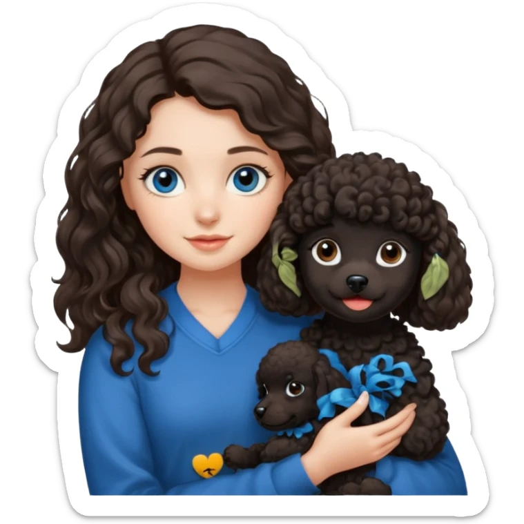 Brunette girl with long wavy hair and blue eyes holding black puppy poodle with brown eyes sticker