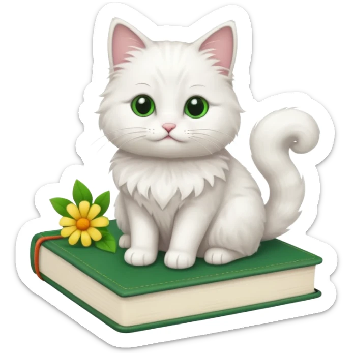 A white fluffy cat sits on top of a green book + flower sticker