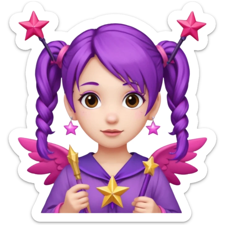 Create an emoji of a fairy-like woman with purple hair tied into two pigtails, red stars in her hair, wearing a pink outfit and pink wings. She is holding a pink star-shaped wand and wearing purple circular earrings. sticker