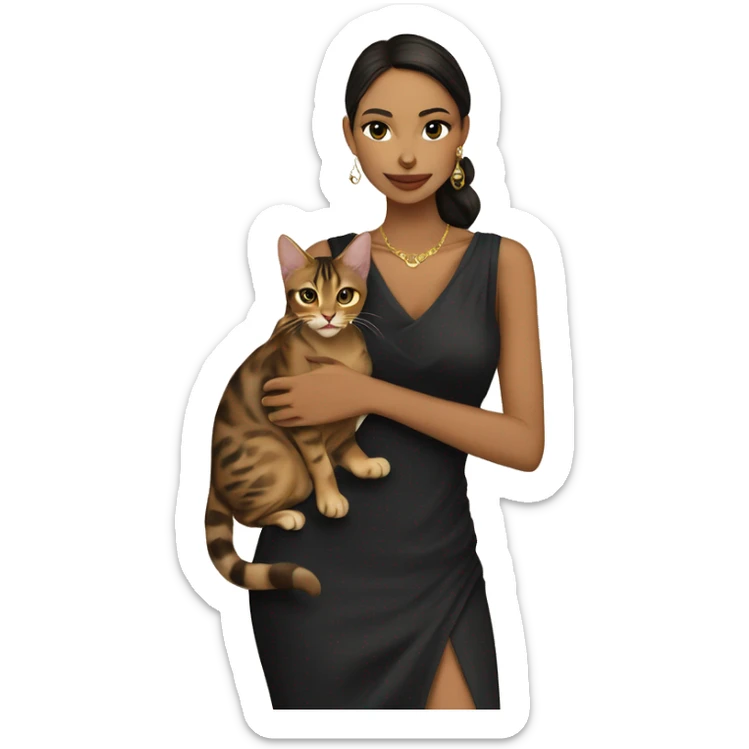 Beautiful skinny woman long dark brown hair in dark dress with gold earrings hug bengal cat sticker