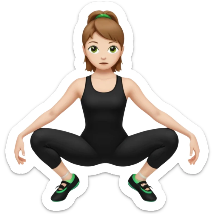 Beautiful woman with light brown shoulder length hair popping a squat without any weights. Make her with a little lighter, brown hair and green eyes. Make her fair skinned and wearing a black workout suit. make her wearing black ballet flats. sticker
