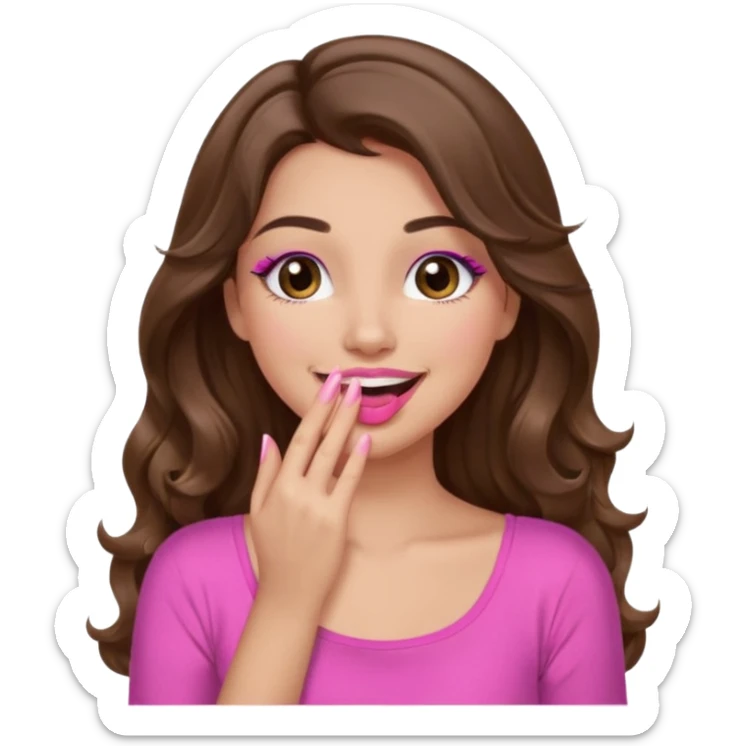 girl with long wavy brown hair, brown eyes, long lashes makeup, pink lips, light to medium complexion, pink sexy top, smiling, hand covering mouth, giggling sticker