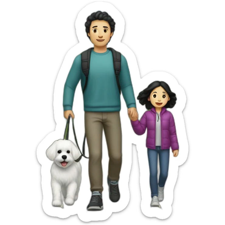 a 32-year-old man with pale skin and black hair going for a walk with a female 9-year-old Bichón Frisé dog. sticker