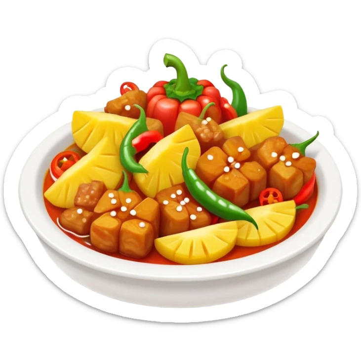 Sweet and Sour Pork with pineapple and bell peppers, simplified emoji style with bold outlines and bright colors, cartoon style Gu Lao Rou popular dish sticker