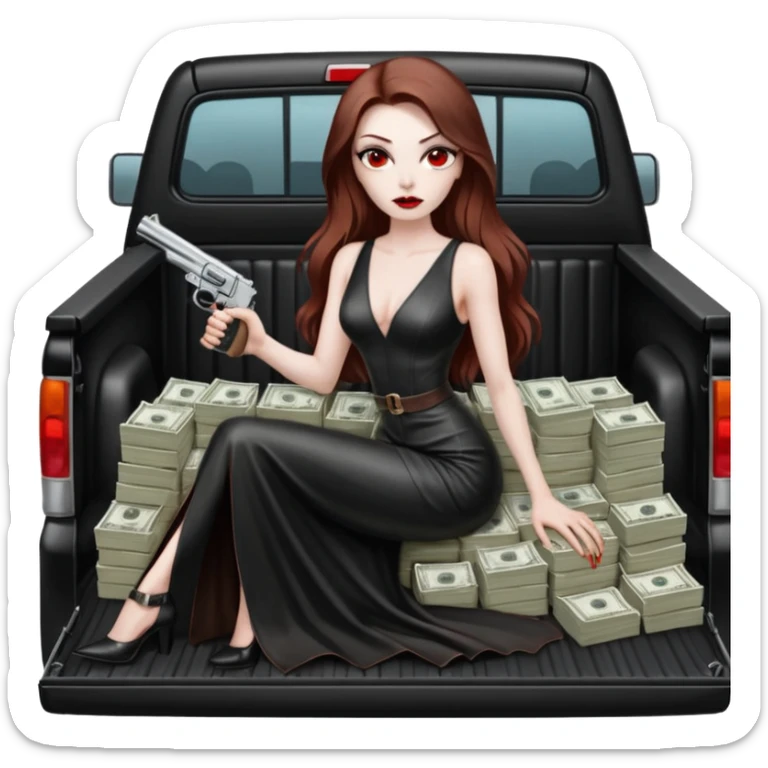 Lilith symbol red eye seductress evil long brown haired sexy succubus woman with leather long dress with slit on, sitting in Big Large F350 pickup truck. Back seat full of stacks of cash, she is  Holding a human skull of her enemies and a gun in other hand sticker