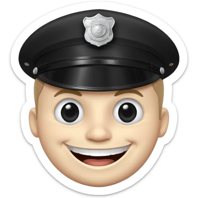 Black-and-white line drawing of a cartoon face with a round head, large round eyes, and a wide toothy grin showing a big happy smile. He is a police officer stopping you. Plain white background, simple and playful style. sticker