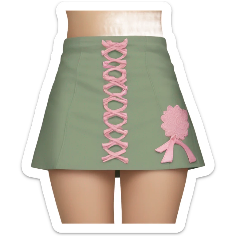 Sage green a-line mini skirt with pink lace up on the sides and bows and embroidery, isolated sticker
