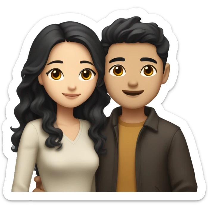 A half pale Asian man with short dark hair and amber eyes embracing and loving a half Asian woman with long wavy dark hair and dark hazel eyes. They love each other a lot And have good fashion taste. And are having a lot of fun sticker