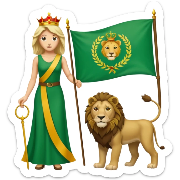 Un drapeau  avec 2 bande verte qui et une bande blanche au milieu avec une femme avec 1 lion de chaque coter d’elle sous un arc en pierre  sticker