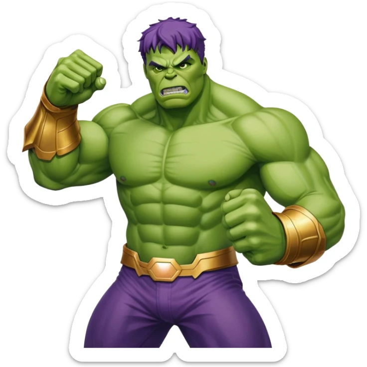 Hulk fighting Thanos, green superhero versus purple villain with infinity gauntlet sticker