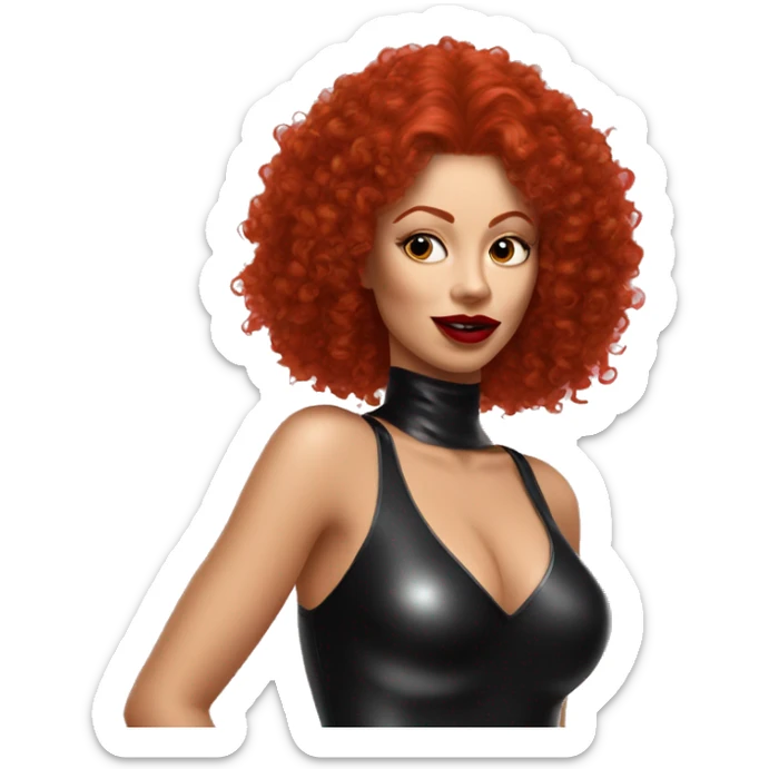woman in redheads curly hairs wear latex catsuit and hold red lipstick sticker