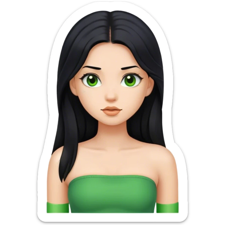 Girl with long black hair with a green tube top sticker