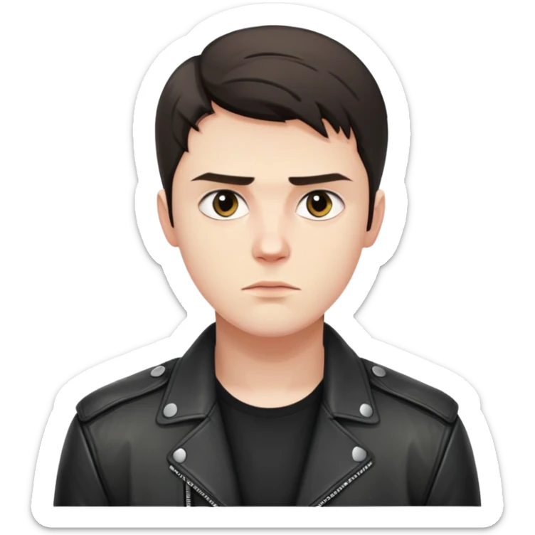 Danila Bagrov from Brother 2 movie, young Russian man with short dark hair, serious expression, wearing black leather jacket sticker