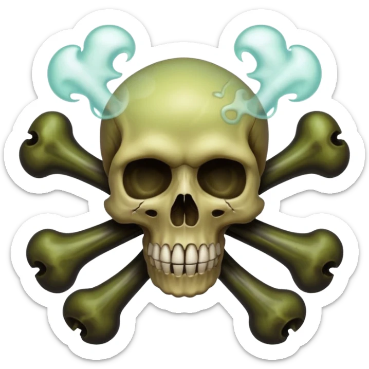 a poisonous cloud of gas, dark swamp color, with an image of a skull and two crossed bones behind the skull sticker