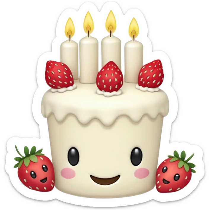 Jellycat vanilla cake with white frostting and strawberries on top with one candle with smiley face and legs sticker