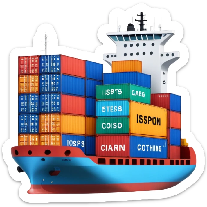 cargo ship with containers labeled with clothing icons, fashion supply chain theme sticker