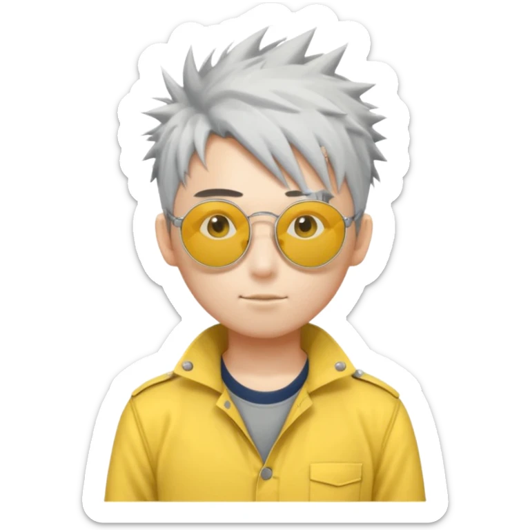 A japanese guy with white messy spiky hair circle sunglasses wearing a uniform gray and a yellow button on the top right of the uniform gray pants sticker