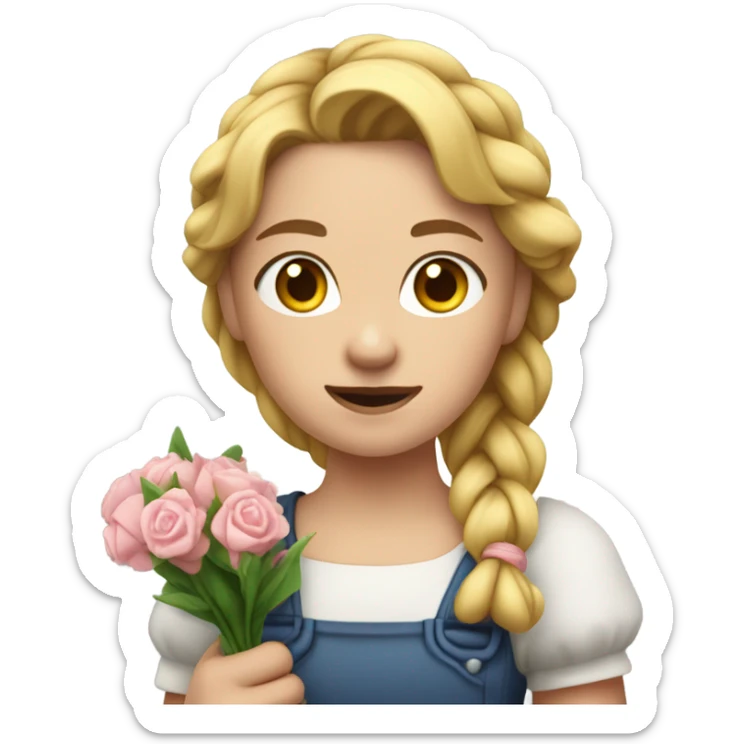 "A young woman with braided blond hair, fair skin, and a lively but slightly worried expression. She wears a simple dress, often holding flowers or a broom, with a rural house in the background." sticker