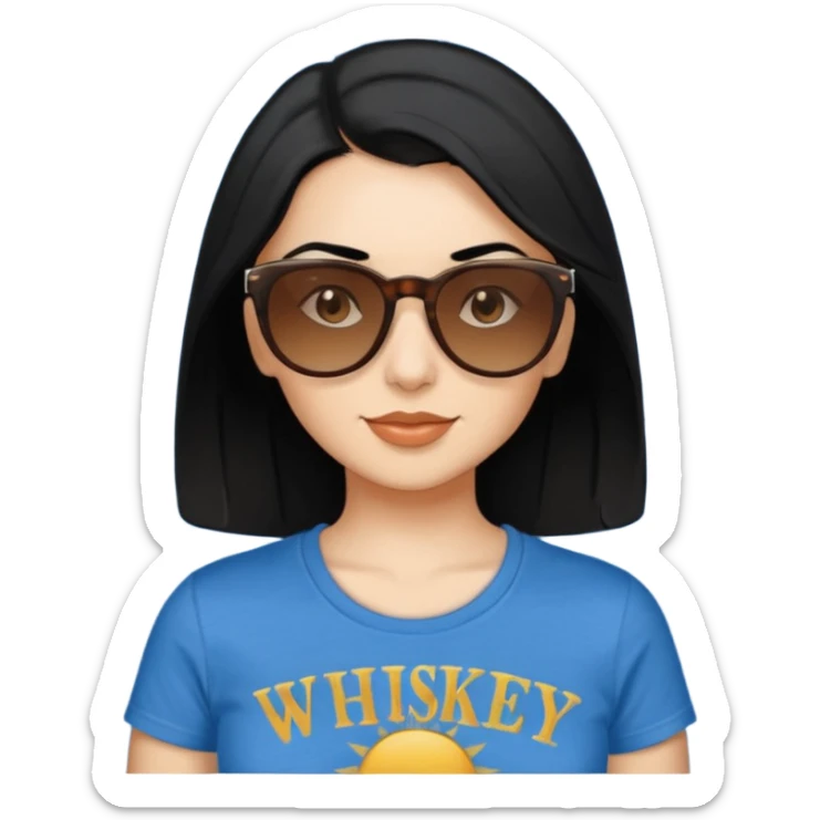 My Sexy wife with sunglasses, black hair, and awesomeness. She has some gray, she's super cute, and her sunglasses are on her head like she doesn't want to wear them. She has brown eyes and is just lovely. Her hair is longer, amd she is wearing a blur t-shirt that says "whiskey & sunshine". sticker