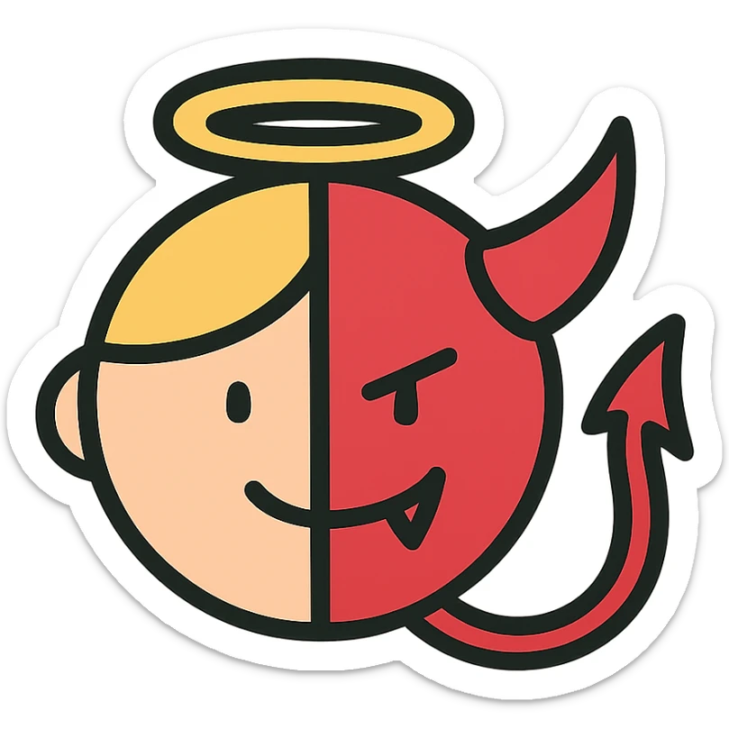 half animated face of an angel and half animated face of a devil, clean and simple, suitable for an icon sticker