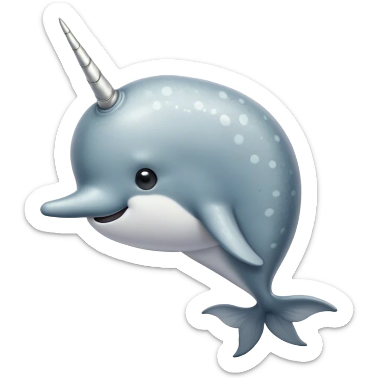 Cinematic Noble Narwhal Portrait Emoji, Poised and majestic, with a robust, streamlined body draped in mottled, silvery-gray skin, featuring a long, spiraled, ivory tusk and deep, thoughtful eyes that exude ancient oceanic wisdom, Simplified yet sharp and sophisticated features, highly detailed, glowing with a soft, ethereal arctic glow, high shine, intelligent and enigmatic, stylized with an air of mythical marine grandeur, focused and graceful, soft glowing outline, capturing the essence of a watchful and confident sea unicorn that appears ready to glide out of the screen with timeless authority! sticker