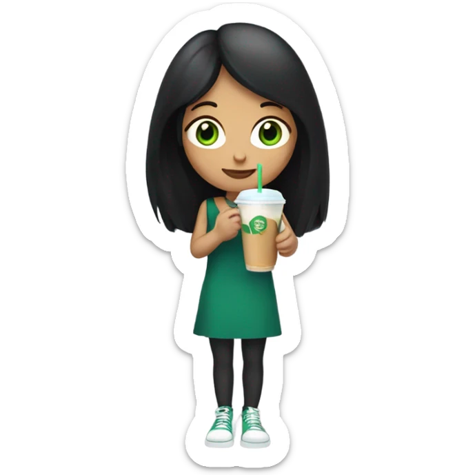 Girl with long black hair green eyes drinking an ice coffee  sticker