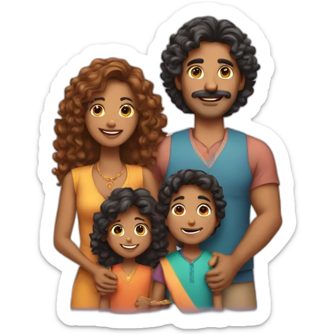 indian family with one dad and one son straight hair and one mom and one daughter curly hair sticker
