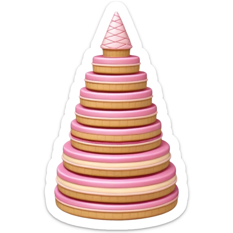 3D render of Wafer Tower, made entirely of dessert materials, glistening sugar crystal texture, grid-patterned beige cookie with pink cream filling, delicious confectionery aesthetic, Apple emoji style, isolated on white background --v 6.0. sticker