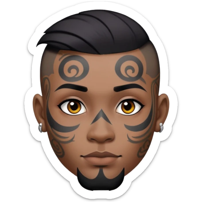 nam 30 tuổi, da đen, tóc undercut ngắn đen, có hình xăm trên mặt sticker