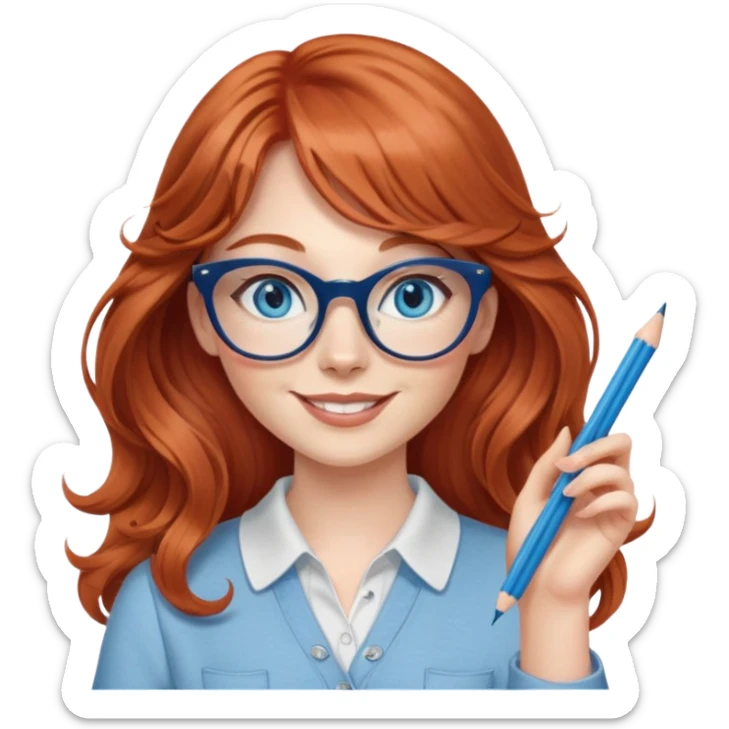 redheaded woman with very long wavy hair and bangs, blue eyes, clear cat-eye glasses, casual chic outfit, holding a pencil, smiling, waving sticker