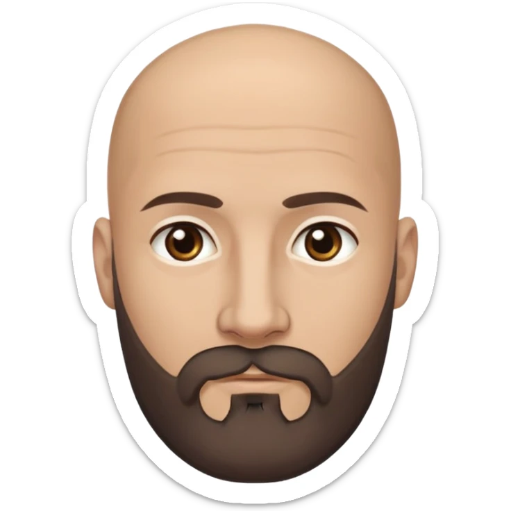 Head emoji of a bald Caucasian man with tan skin, dark almost black eyes, and a dark brown medium length beard with some grey in it. Please show one result with glasses and the other without. sticker