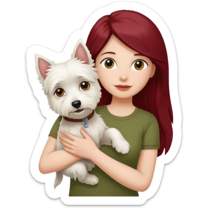 Westie white terrier dog being held by woman with dark red long hair and hazel eye wearing olive green top sticker
