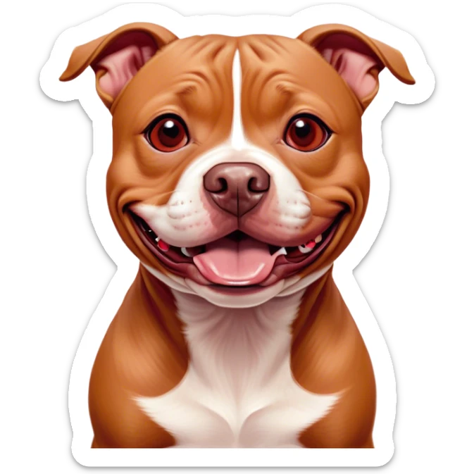 Cinematic Comical Red/Fawn Staffordshire Bull Terrier Portrait Emoji, Head tilted dramatically with an exaggeratedly amused expression, featuring a striking red/fawn Fur with bold white accents, wide, expressive dark eyes filled with playful disbelief, Simplified yet hilariously expressive features, highly detailed, glowing with a slightly sassy glow, high shine, dramatic yet playful, stylized with an air of cheeky mischief, bright and endearing, soft glowing outline, capturing the essence of a spirited and over-the-top guardian, so meme-worthy it feels like it could side-eye its way into internet fame instantly! sticker