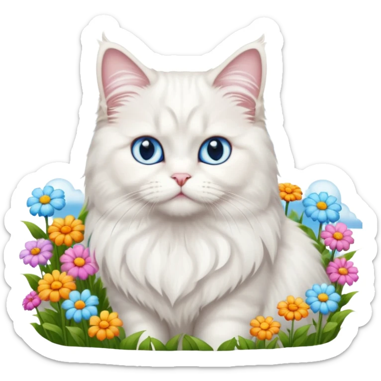 White persian male cat turkish angore with skky blue eyes standing in feed of flowers sticker