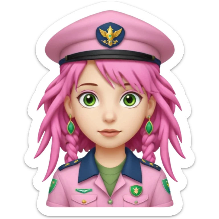 very pretty girl big green eyes, scout girl with pretty pink uniform, pink dreadlocks, and big earrings and scouts hat sticker