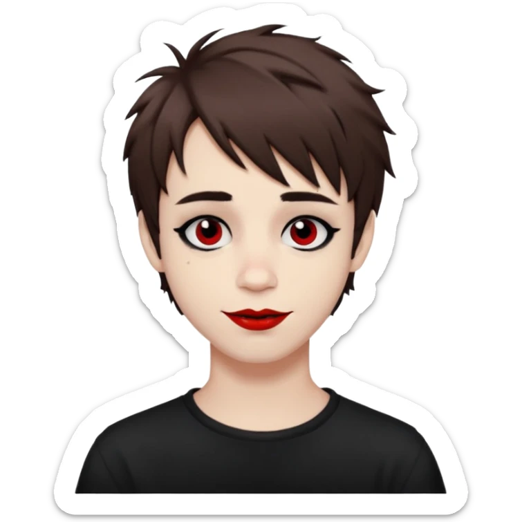 Happy pale Goth boy with shaggy brown hair, and messy black eyeliner , smudged, red, lipstick  sticker