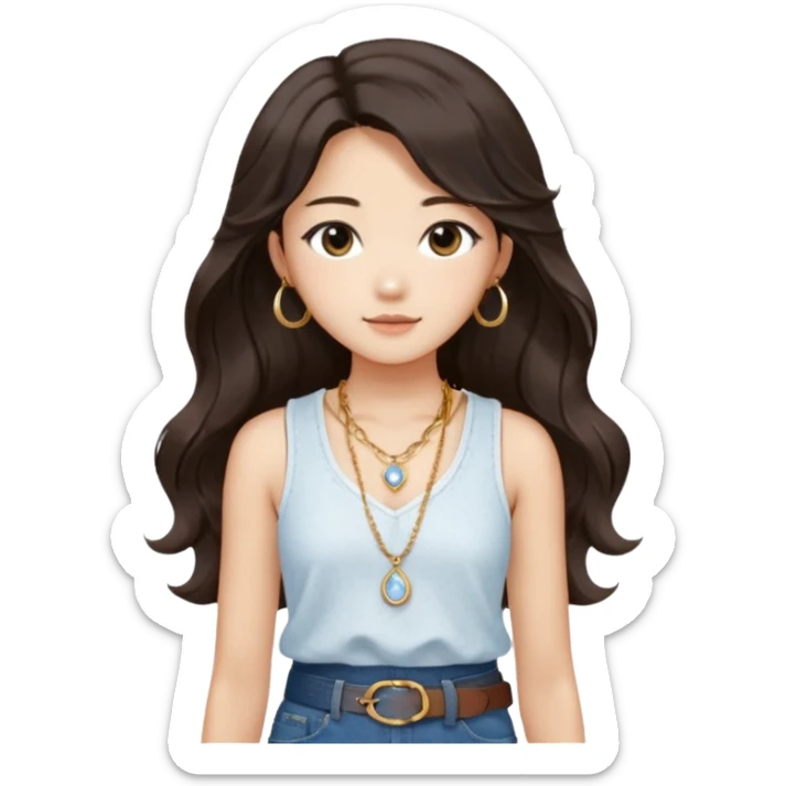 Stylish South Korean girl with long wavy dark hair, wearing a white textured sleeveless top, blue jeans, and a brown belt — soft lighting, cozy indoor vibe, a small, moonstone pendant necklace with a dainty gold chain adds a delicate touch sticker